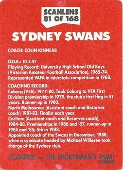 1989 Scanlens VFL #81 Colin Kinnear Back